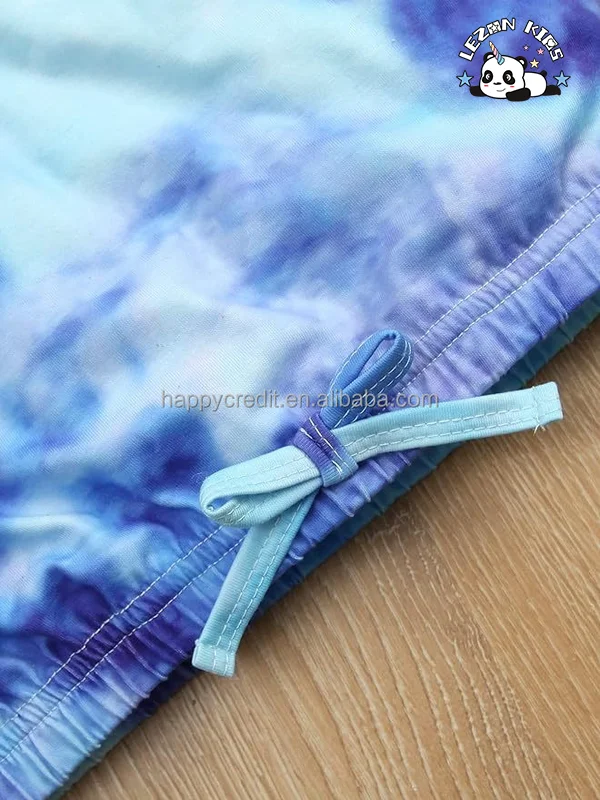 LEZONKIDS - Conjunto de Roupas Tie-Dye de Verão para Meninas com Camiseta Cropped com Cordão Elástico e Shorts de Cintura Elástica com Bolsos Laterais
